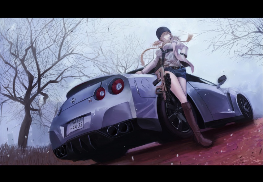 1girl, assault_rifle, belt, blonde_hair, boots, buckle, bullpup, car