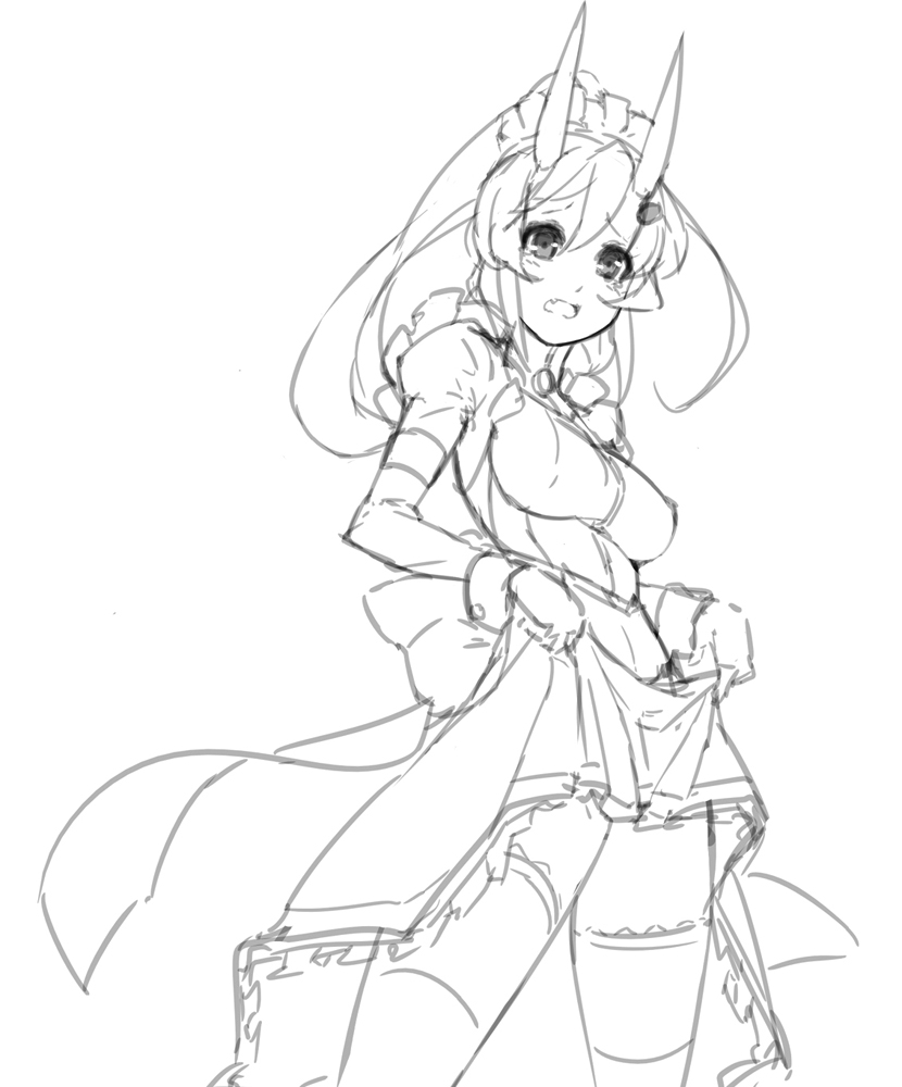 1girl, apron, blush, bow, breasts, clothes_lift, disgaea, embarrassed, eu03, fang, female_focus, frills, greyscale, horns, large_breasts, maid, maid_apron, maid_headdress, makai_senki_disgaea_3, monochrome, sketch, skirt, skirt_lift, solo, stella_grossular, thighhighs, wrist_cuffs