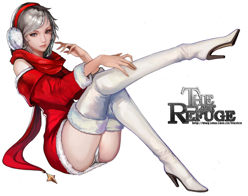 1girl, blue_eyes, boots, christmas, dress, earmuffs, female_focus, frostce, fur_trim, high_heels, highres, leaning_back, leg_up, legs, light_smile, lips, original, panties, red_dress, red_scarf, santa_costume, scarf, short_hair, simple_background, sitting, smile, solo, swept_bangs, thigh_boots, thighhighs, underwear, watermark, web_address, weigesen, white_background, white_hair, white_panties, white_thighhighs