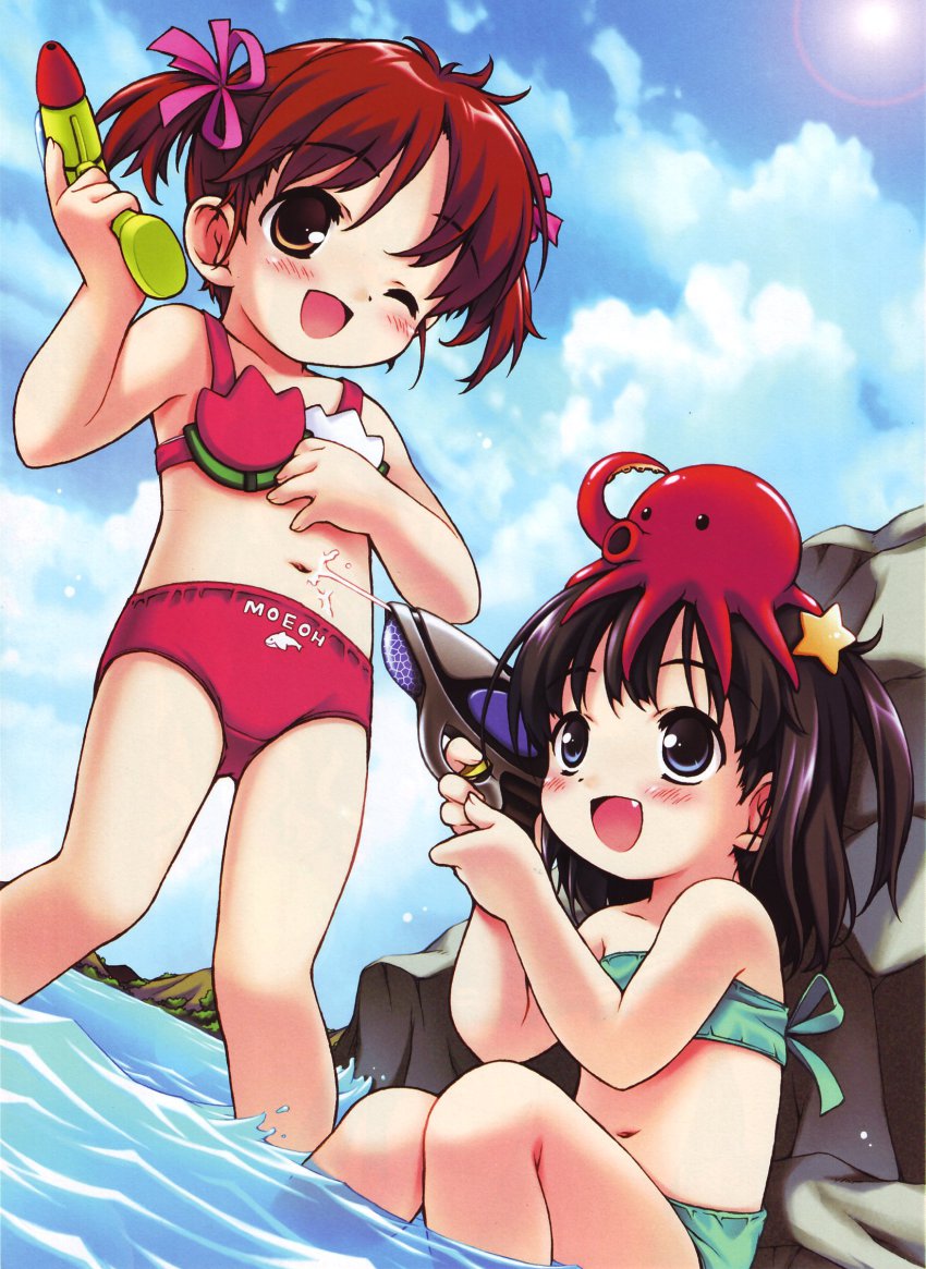 2girls, bikini, black_hair, blue_eyes, blush, brown_eyes, brown_hair, cloud, crayon_arts, day, fang, highres, kikurage_(crayon_arts), loli, multiple_girls, navel, ocean, octopus, one_eye_closed, original, outdoors, ribbon, short_hair, sky, smile, squatting, swimsuit, twintails, two_side_up, wading, water, water_gun, wink