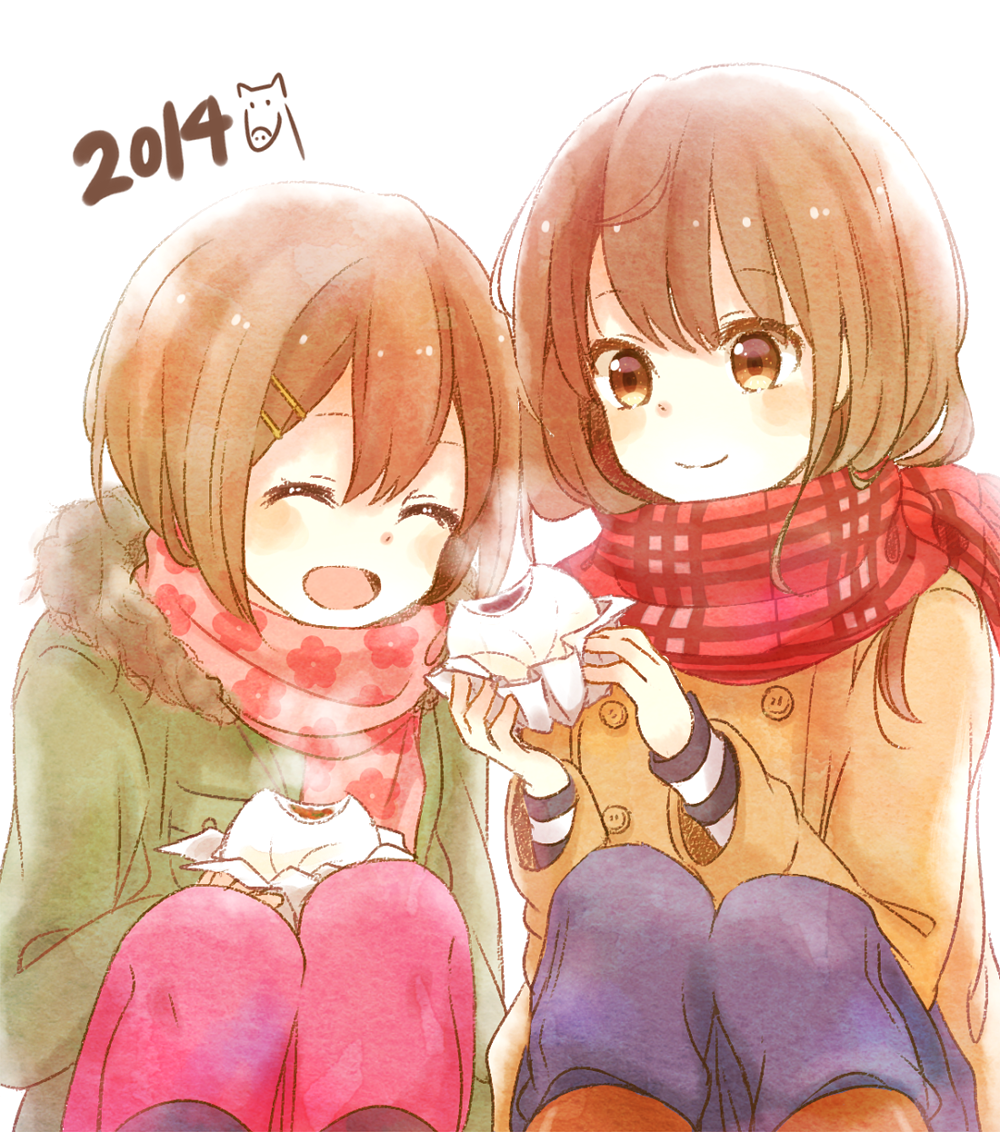 10s, 2014, 2girls, :d, ^_^, blush, brown_eyes, brown_hair