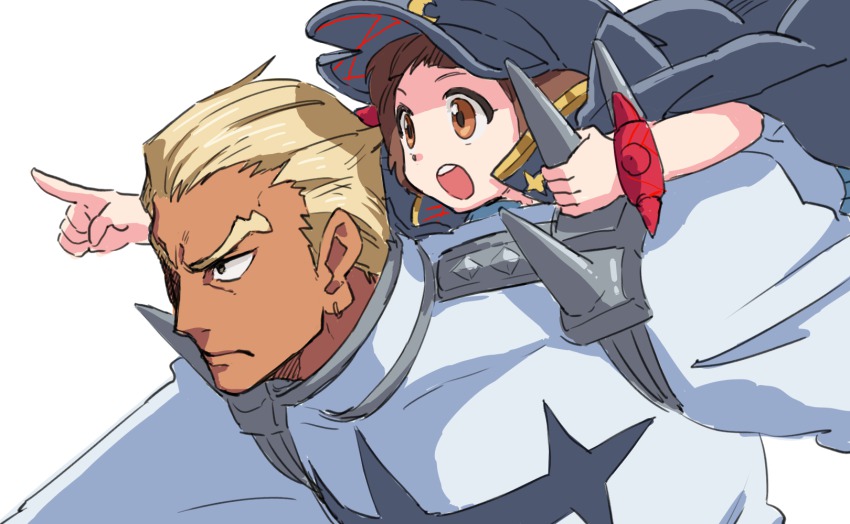 10s, 1boy, 1girl, banchou, blonde_hair, brown_eyes, brown_hair, dark-skinned_male