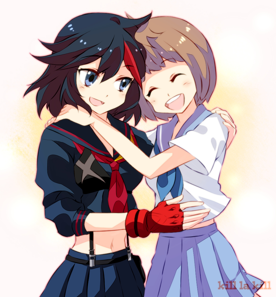 10s, 2girls, black_hair, blue_eyes, blue_skirt, brown_hair, gloves, hug