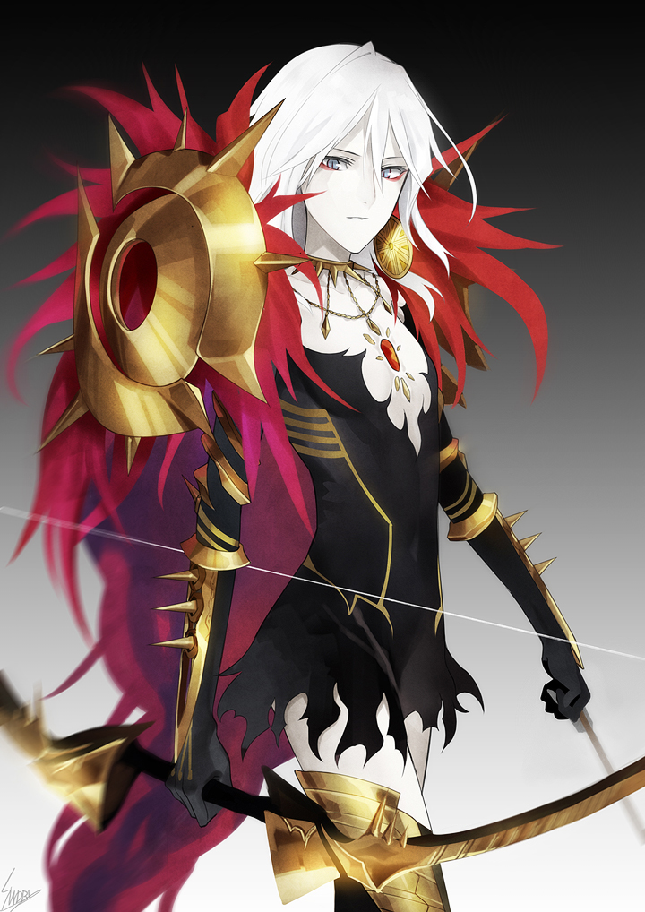1girl, armor, arrow_(projectile), bad_id, bishounen, blue_eyes, bow_(weapon), cape, chest_jewel, colored_skin, earrings, fate/apocrypha, fate_(series), female_focus, fur_trim, genderswap, genderswap_(mtf), jewelry, karna_(fate), long_hair, necklace, sindri, single_earring, solo, thighhighs, weapon, white_hair, white_skin, zettai_ryouiki