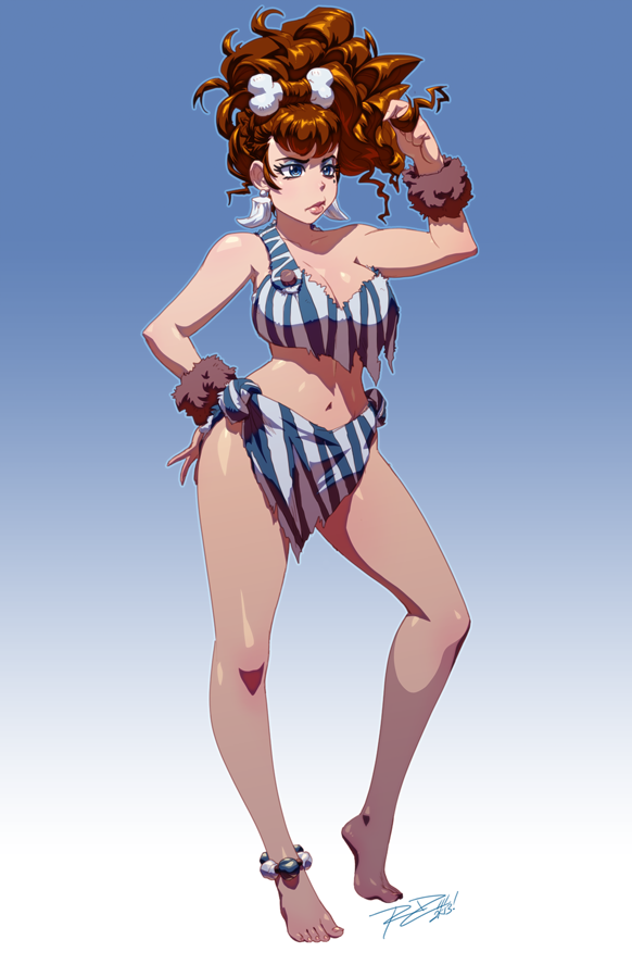 1girl, alternate_hairstyle, animal_print, anklet, bad_id, bad_tumblr_id, barefoot, bliss_barson, blue_eyes, bone, breasts, brown_hair, caveman, cavewoman, cleavage, contrapposto, cryamore, earrings, eyeshadow, feet, female_focus, hair_ornament, hair_over_one_eye, hand_in_own_hair, hand_on_own_hip, jewelry, large_breasts, lips, loincloth, long_hair, makeup, mole, navel, robaato, single_strap, solo, standing, toes, tribal, wristband, zebra_print