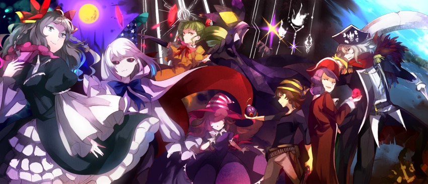 2boys, 6+girls, asumi_chikyuu, bandana, belt, black_sclera, blonde_hair, bob-omb, bow, bow_(paper_mario), brown_hair, buckle, cape, clown, clown_boy, colored_sclera, cortez, crystal, dimentio, doopliss, door, dress, drill_hair, elbow_gloves, flavio, full_moon, glint, gloves, green_hair, gun, hair_bow, hair_over_eyes, hat, hidden_eyes, jester, jester_boy, long_hair, looking_back, mario_(series), mimi_(paper_mario), moon, multiple_boys, multiple_girls, night, nintendo, pa-patch, paper_mario, paper_mario:_the_thousand-year_door, paper_mario_64, personification, pink_hair, pirate_hat, rapier, skull, smile, super_paper_mario, sword, vivian_(paper_mario), weapon, white_hair, wide_sleeves, witch_hat, wizard_hat