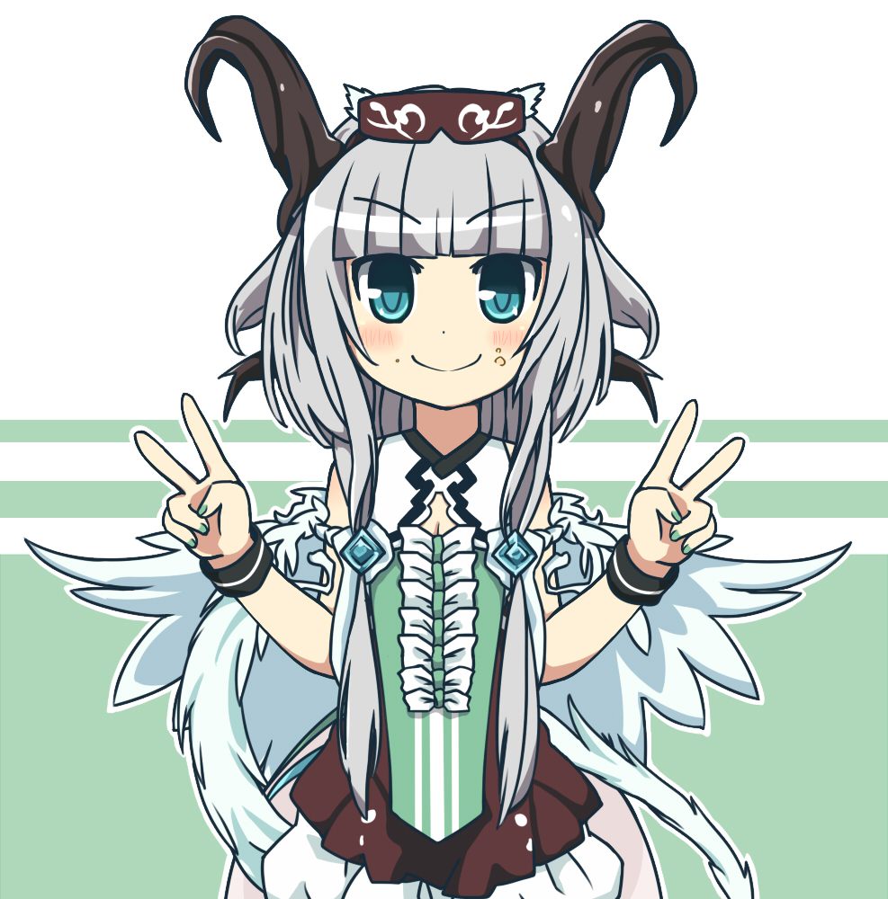 1girl, blue_eyes, blue_hair, blush, crumbs, double_v, dragon_girl, dragon_horns