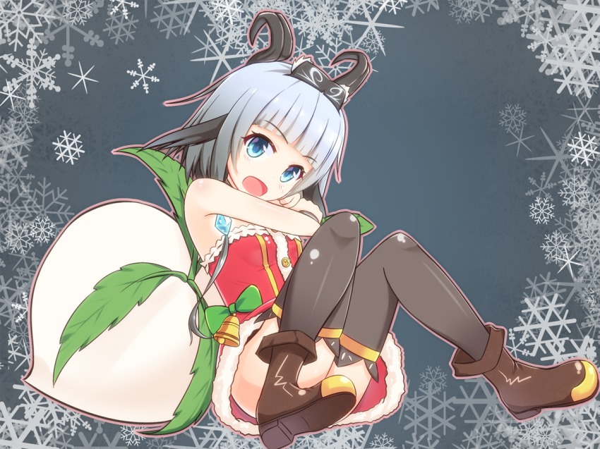 1girl, :o, battlegaregga, black_thighhighs, blue_eyes, blue_hair, christmas, dragon_girl, dragon_horns, dress, female_focus, horns, matching_hair/eyes, open_mouth, rune_factory, rune_factory_4, short_hair, solo, syelzaweed, thighhighs, turnip