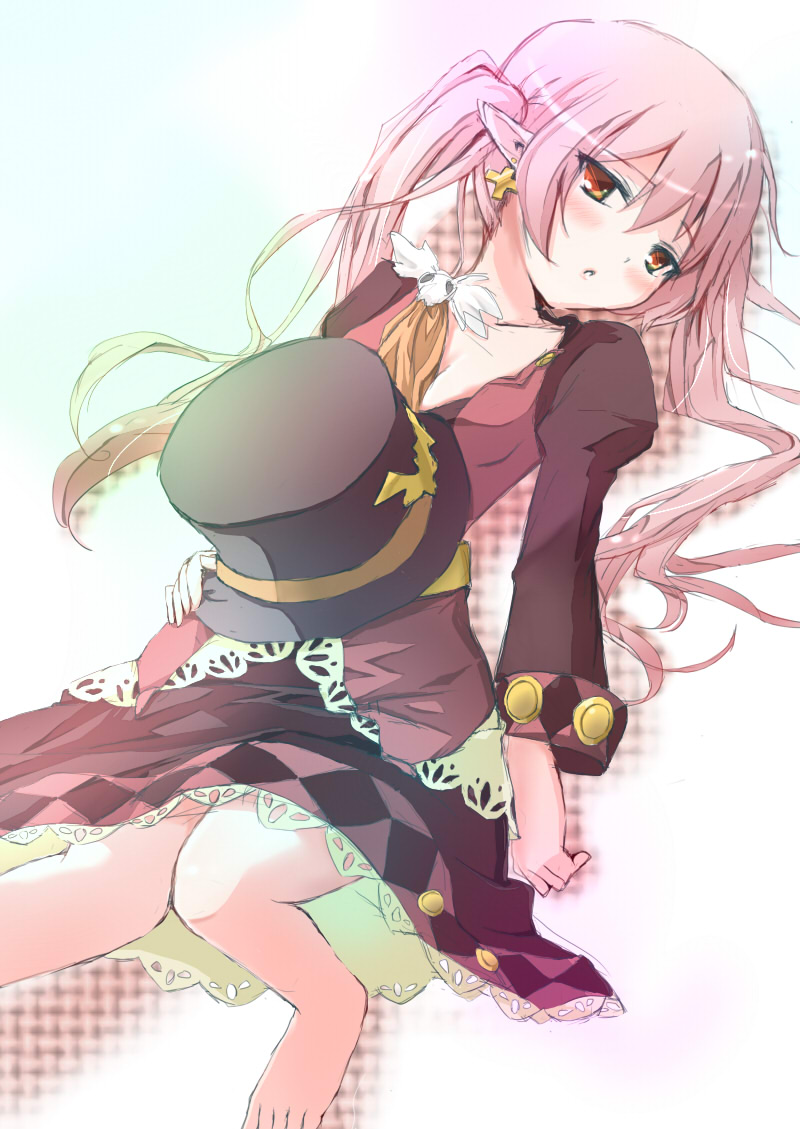1girl, barefoot, blush, cross, dolce_(rune_factory), earrings, female_focus, harvest_moon, hat, jewelry, long_hair, pink_hair, pointy_ears, poipoi_purin, red_eyes, rune_factory, rune_factory_4, skirt, solo, top_hat
