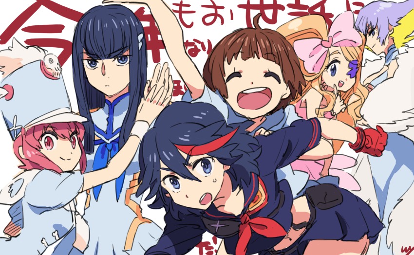 6+girls, black_hair, blonde_hair, blue_eyes, bow, brown_hair, eyepatch, hair_bow, harime_nui, hat, highres, izuxco, jakuzure_nonon, kill_la_kill, kiryuuin_ragyou, kiryuuin_satsuki, long_hair, mankanshoku_mako, matoi_ryuuko, midriff, multicolored_hair, multiple_girls, pink_eyes, pink_hair, senketsu, shako_cap, short_hair, skirt, streaked_hair, two-tone_hair