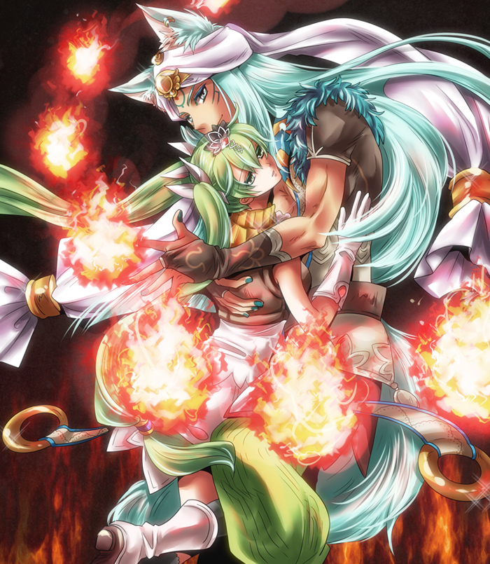 1boy, 1girl, animal_ears, aqua_hair, colored_eyelashes, couple, dark_skin, dark-skinned_male, fire, fox_ears, fox_tail, frey_(rune_factory), gloves, green_eyes, green_hair, harvest_moon, hetero, hug, jewelry, leon_(rune_factory), long_hair, nakamasomo, rune_factory, rune_factory_4, tail, tan, tiara, twintails, white_gloves