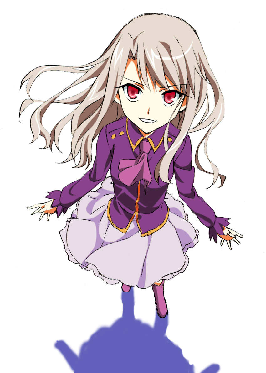 1girl, absurdres, ascot, boots, fate/stay_night, fate_(series), female_focus, foreshortening, from_above, highres, illyasviel_von_einzbern, kurai_nao, long_hair, long_sleeves, looking_at_viewer, pink_boots, purple_boots, purple_shirt, purple_skirt, red_eyes, shadow, shirt, silver_hair, simple_background, skirt, snake_mouth, solo, spread_fingers, white_background