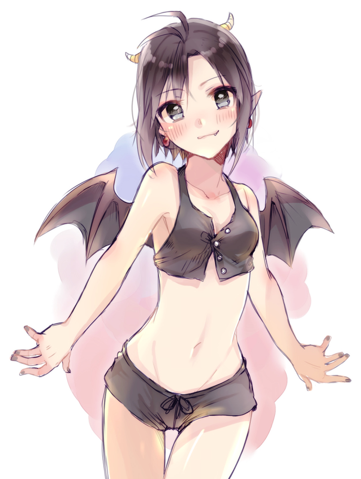 1girl, bad_id, bad_pixiv_id, black_eyes, black_hair, earrings, fang, female_focus, horns, idolmaster, idolmaster_(classic), jewelry, kikuchi_makoto, midriff, navel, pointy_ears, short_hair, short_shorts, shorts, smile, solo, thigh_gap, wings, yuurinmoku