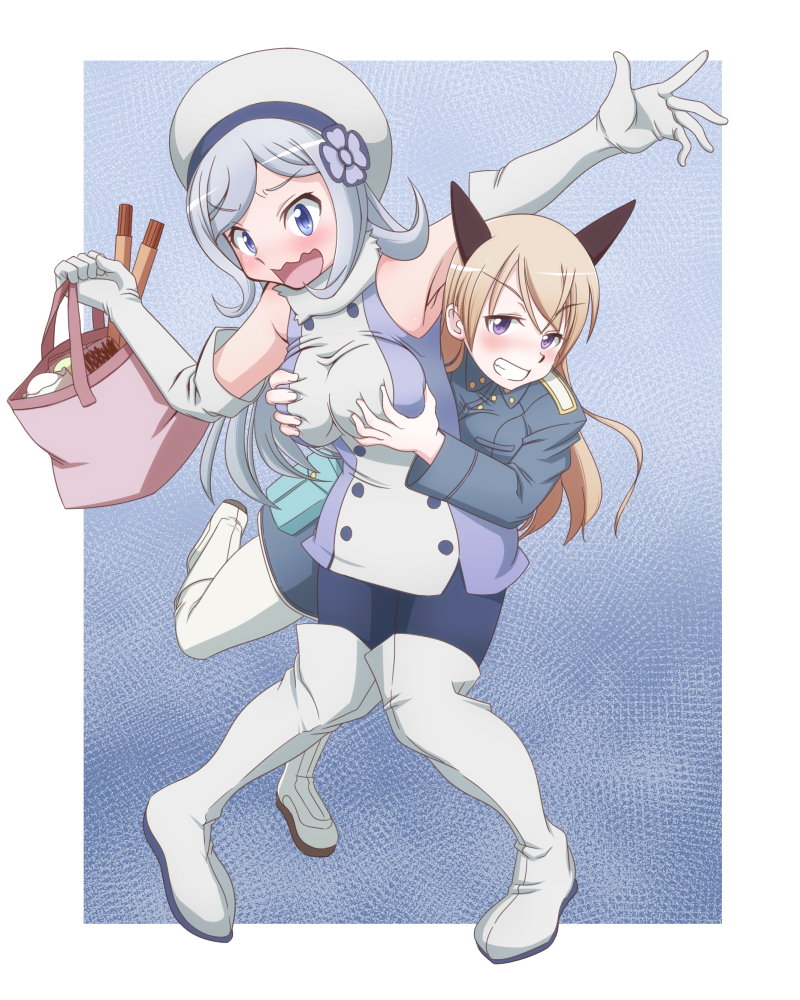 10s, 2girls, aila_jyrkiainen, armpits, bag, steamed_bun, bare_shoulders, black_legwear, blonde_hair, blue_eyes, blush, boots, breasts, crossover, eila_ilmatar_juutilainen, elbow_gloves, food, gloves, grabbing_another's_breast, grin, groping, gundam, gundam_build_fighters, hat, large_breasts, long_hair, long_sleeves, military, military_uniform, multiple_girls, name_connection, open_mouth, pantyhose, purple_eyes, sasuke10g, silver_hair, smile, strike_witches, thigh_boots, thighhighs, wavy_mouth, white_legwear, world_witches_series, yuri