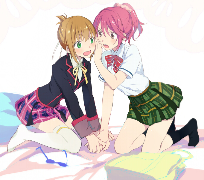 2girls, bad_id, bad_pixiv_id, brown_eyes, brown_hair, cheria_barnes, cheria_barnes_(campus_cutie), green_eyes, hair_bun, holding_hands, in-franchise_crossover, kneeling, leia_rolando, leia_rolando_(school_uniform), maruishi, multiple_girls, official_alternate_costume, pink_hair, plaid_clothes, plaid_skirt, ponytail, single_hair_bun, skirt, socks, tales_of_(series), tales_of_graces, tales_of_xillia, thighhighs, uniform, whispering