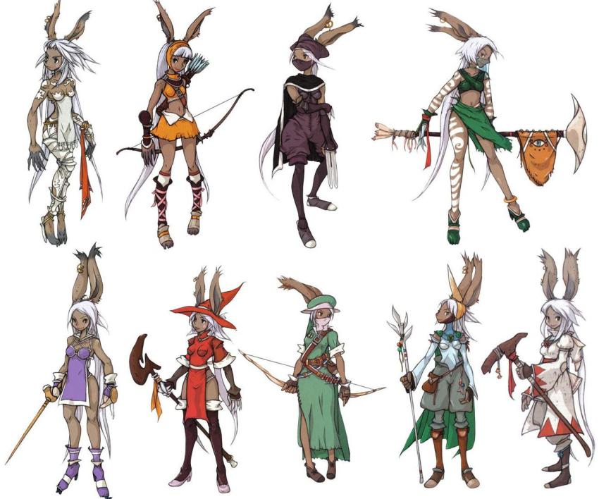 6+girls, animal_ears, archer_(fft), assassin_(fft), claws, dark-skinned_female, dark_skin, elementalist_(fft), fencer_(fft), final_fantasy, final_fantasy_tactics, final_fantasy_tactics_advance, gloves, helmet, high_heels, long_hair, multiple_girls, official_art, ponytail, rabbit_ears, rabbit_girl, red_mage_(fft), shoes, skirt, sniper_(fft), summoner_(fft), sword, tan, tattoo, twintails, viera, weapon, white_hair, white_mage, white_mage_(fft), white_mage_(final_fantasy)