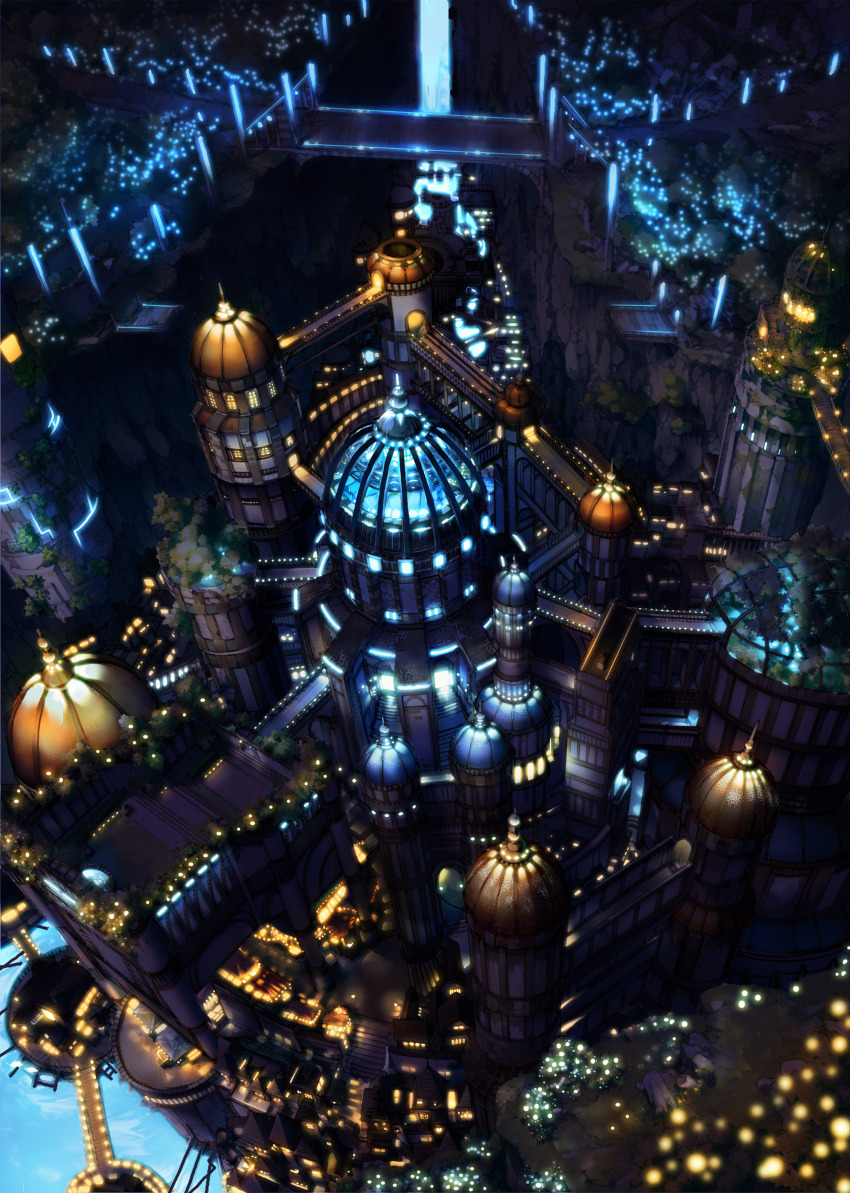 absurdres, arch, bridge, building, canyon, city_lights, cityscape, cliff