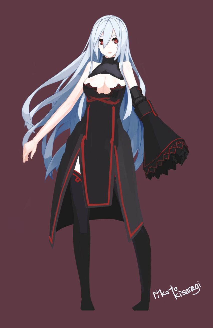 1girl, albino, aneacard_cinnabari_(oi+), bare_shoulders, boots, breasts, cleavage, cleavage_cutout