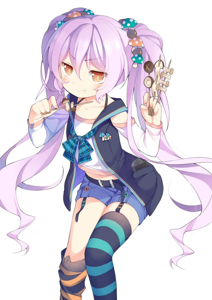 1girl, :t, asymmetrical_legwear, belt, blush, detached_sleeves, eating, female_focus