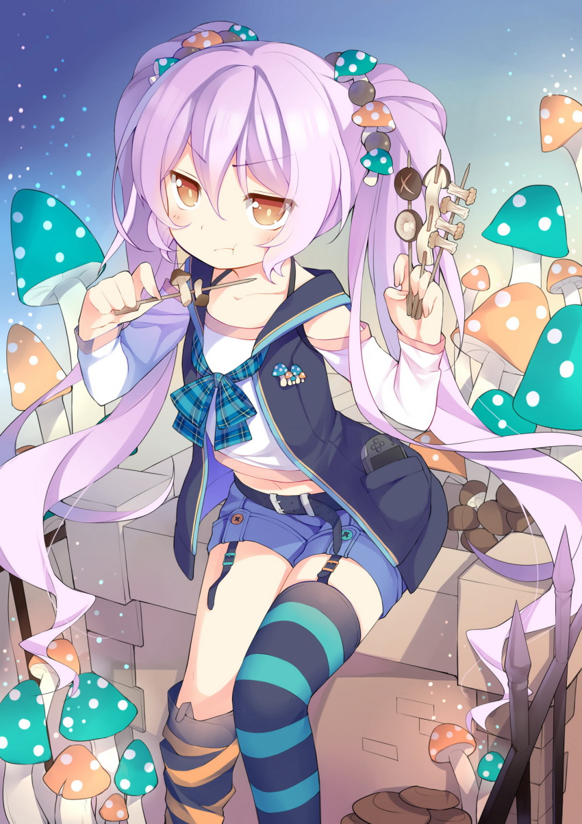 1girl, :t, asymmetrical_legwear, belt, blush, detached_sleeves, eating, female_focus