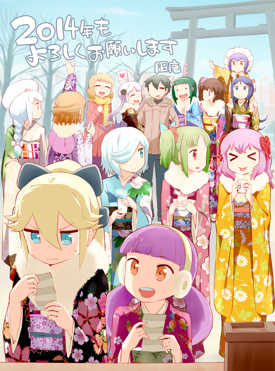 >_<, 10s, 2014, 2boys, 6+girls, artist_name, blush, camera