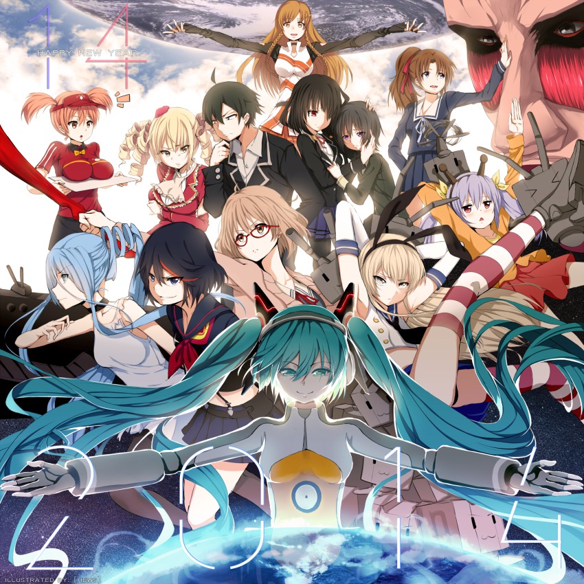 >_<, 10s, 1boy, 2014, 6+girls, :<, ahoge, antenna_hair, aoki_hagane_no_arpeggio, aqua_eyes, aqua_hair, artist_name, black_hair, black_legwear, black_panties, blonde_hair, blue_eyes, blue_hair, boku_wa_tomodachi_ga_sukunai, braid, breasts, brown_eyes, brown_hair, cardigan, closed_eyes, colossal_titan, crossover, culture_japan, date_a_live, dress, drill_hair, elbow_gloves, employee_uniform, fast_food_uniform, giant, glasses, gloves, golden_time, hair_ornament, hair_over_one_eye, hair_ribbon, hairband, hataraku_maou-sama!, hatsune_miku, hatsune_miku_(heartbeat), hayashida_nana, hemokinesis, hews, highres, hikigaya_hachiman, kantai_collection, kill_la_kill, kuriyama_mirai, kyoukai_no_kanata, large_breasts, long_hair, matoi_ryuuko, mikazuki_yozora, mirai_millennium, miyauchi_renge, multicolored_hair, multiple_crossover, multiple_girls, non_non_biyori, odds_&amp;_ends_(vocaloid), open_mouth, orange_hair, ore_no_nounai_sentakushi_ga_gakuen_love-comedy_wo_zenryoku_de_jama_shiteiru, panties, pantyhose, personification, ponytail, project_diva_(series), project_diva_f, purple_eyes, purple_hair, red-framed_eyewear, red_eyes, reikadou_ayame, rensouhou-chan, ribbon, sasaki_chiho, school_uniform, scissor_blade_(kill_la_kill), season_connection, senketsu, serafuku, shimakaze_(kancolle), shingeki_no_kyojin, short_hair, short_twintails, smile, striped_clothes, striped_legwear, striped_thighhighs, suenaga_mirai, sword, takao_(aoki_hagane_no_arpeggio), thighhighs, titan_(shingeki_no_kyojin), tokisaki_kurumi, triangle_mouth, twin_braids, twintails, two-tone_hair, underwear, very_long_hair, visor_cap, vocaloid, weapon, yahari_ore_no_seishun_lovecome_wa_machigatteiru.