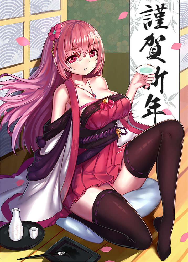 1girl, bare_shoulders, black_thighhighs, blush, breasts, brush, cup, emily_(ririko)