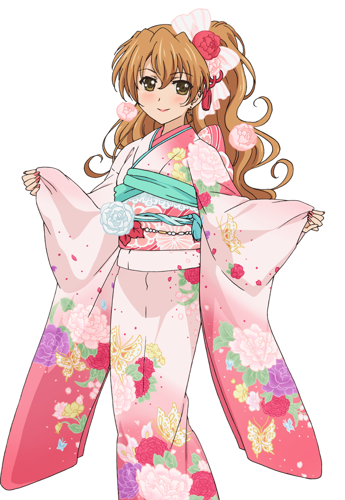 10s, 1girl, animal_print, blush, brown_eyes, brown_hair, butterfly_print, chrysanthemum, dress, female_focus, floral_print, flower, furisode, golden_time, japanese_clothes, kaga_kouko, kimono, long_hair, new_year, obi, official_art, peony_print, print_dress, print_kimono, sash, smile, solo, transparent_background, yukata