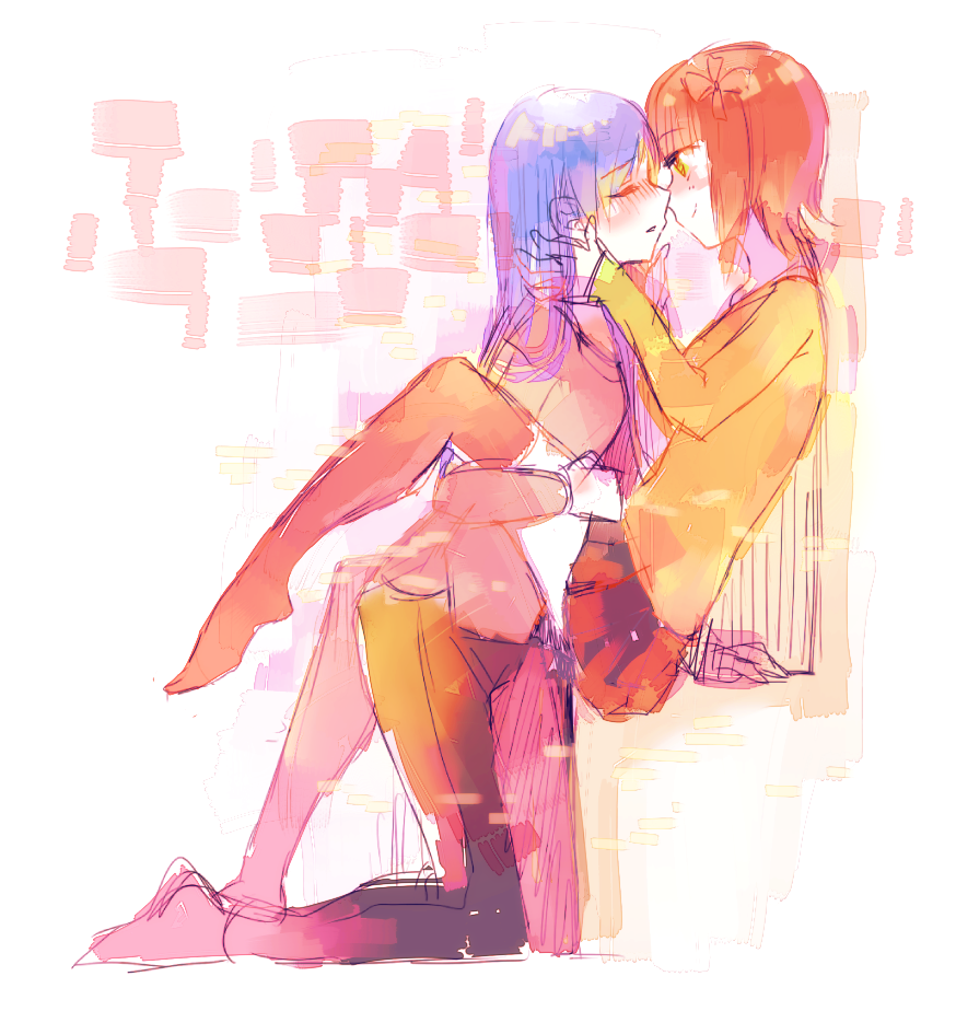 2girls, amami_haruka, bad_id, bad_pixiv_id, between_thighs, blue_hair, blush, closed_eyes