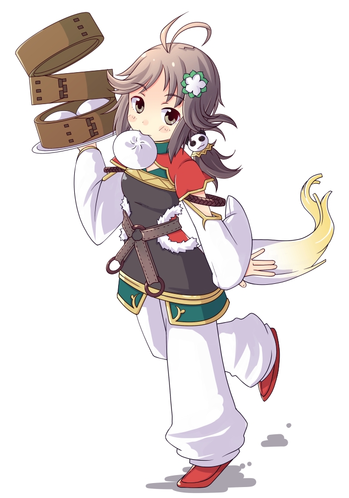 1girl, antennae, dumpling, female_focus, food, food_in_mouth, full_body, grey_hair, hair_ornament, harvest_moon, jito, ponytail, purple_hair, red_shoes, rune_factory, rune_factory_4, shoes, simple_background, solo, white_background, xiao_pai