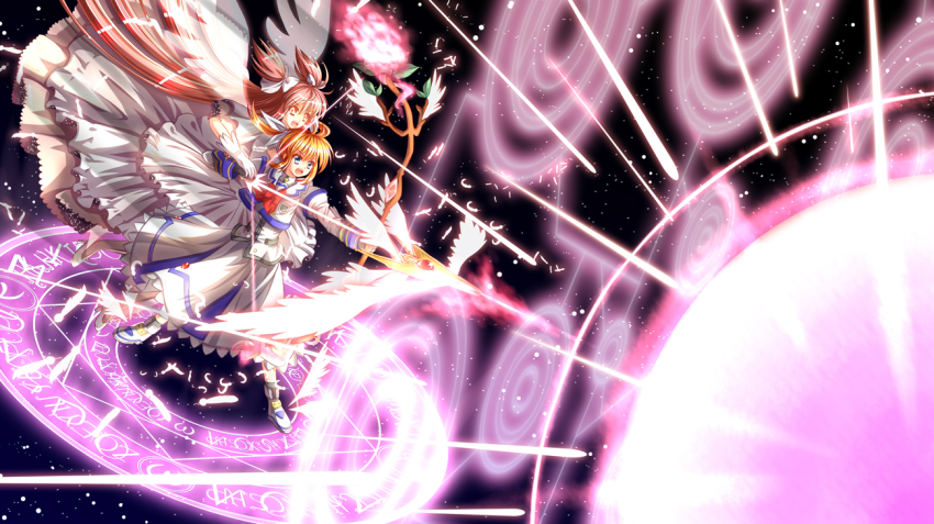 00s, 10s, 2girls, black_background, blue_eyes, bow, bow_(weapon), color_connection, divinebuster12, dress, fingerless_gloves, gloves, hair_bow, kaname_madoka, layered_dress, light_rays, lyrical_nanoha, magic, magic_circle, magical_girl, mahou_shoujo_lyrical_nanoha, mahou_shoujo_madoka_magica, mahou_shoujo_madoka_magica_(anime), multiple_girls, palms, raising_heart, raising_heart_(exelion_mode), ribbon, shoes, simple_background, starlight_breaker, takamachi_nanoha, takamachi_nanoha_(sacred_mode), twintails, two_side_up, ultimate_madoka, weapon, white_dress, winged_footwear, wings, yellow_eyes