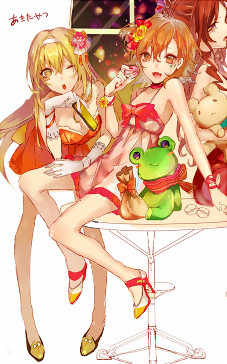 +_+, 3girls, bad_id, bad_pixiv_id, blonde_hair, brown_eyes, brown_hair, dress, gekota, high_heels, long_hair, misaka_mikoto, mugino_shizuri, multiple_girls, nail_polish, nobuyo_(syosyosyon), one_eye_closed, shokuhou_misaki, table, toaru_kagaku_no_railgun, toaru_majutsu_no_index, wink