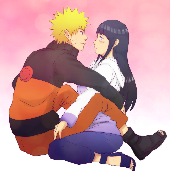 1boy, 1girl, blonde_hair, blue_eyes, eye_contact, hyuuga_hinata, long_hair, looking_at_another