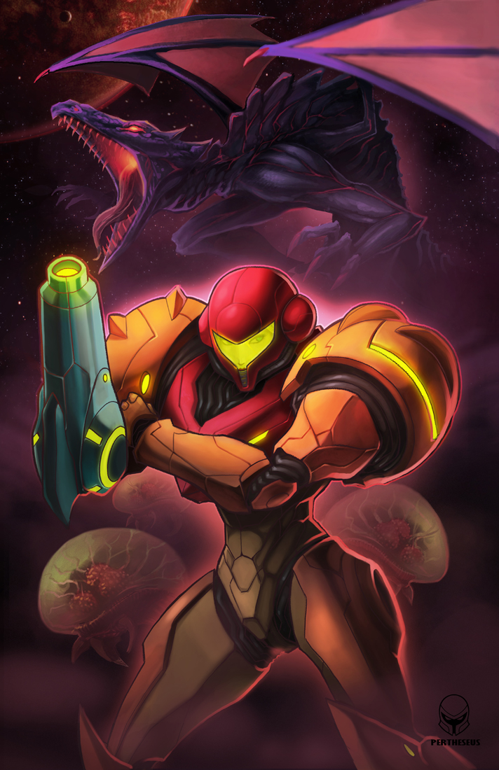 1girl, arm_cannon, armor, artist_logo, logo, metroid, metroid:_other_m, metroid_(creature), metroid_larva, neon_trim, nintendo, pertheseus, power_armor, power_suit, power_suit_(metroid), ridley, samus_aran, shoulder_pads, varia_suit, weapon