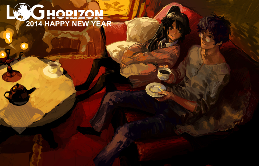 10s, 1boy, 1girl, 2014, akatsuki_(log_horizon), baggy_clothes, black_hair, black_pantyhose, book, copyright_name, cup, cushion, glasses, highres, log_horizon, long_hair, pantyhose, ponytail, shiroe_(log_horizon), short_hair, sitting, smile, teacup, william_chacha