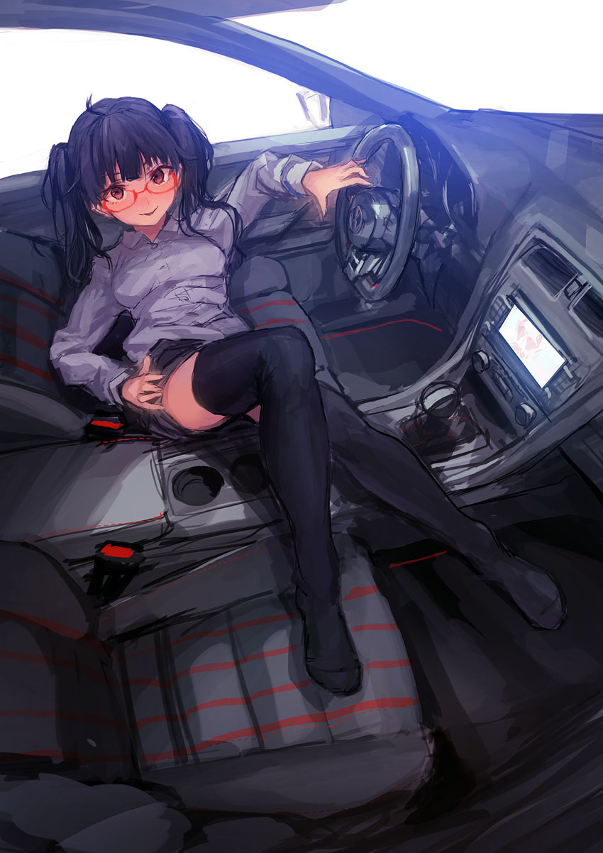 1girl, black_hair, black_thighhighs, car, car_interior, female_focus, glasses, highres, lm7_(op-center), looking_at_viewer, motor_vehicle, original, red-framed_eyewear, red_eyes, sketch, smile, solo, thighhighs, twintails, volkswagen, volkswagen_golf, volkswagen_golf_gti