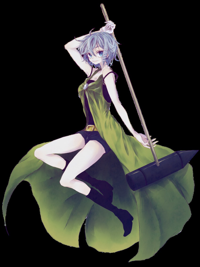 1girl, ares_strahl, bad_id, bad_pixiv_id, black_boots, blue_eyes, blue_hair, boots, earrings, eyelashes, female_focus, full_body, hair_between_eyes, hammer, highres, holding, jewelry, matching_hair/eyes, sen'yuu., sha_(euiorn), short_hair, solo, swept_bangs, transparent_background, two-handed