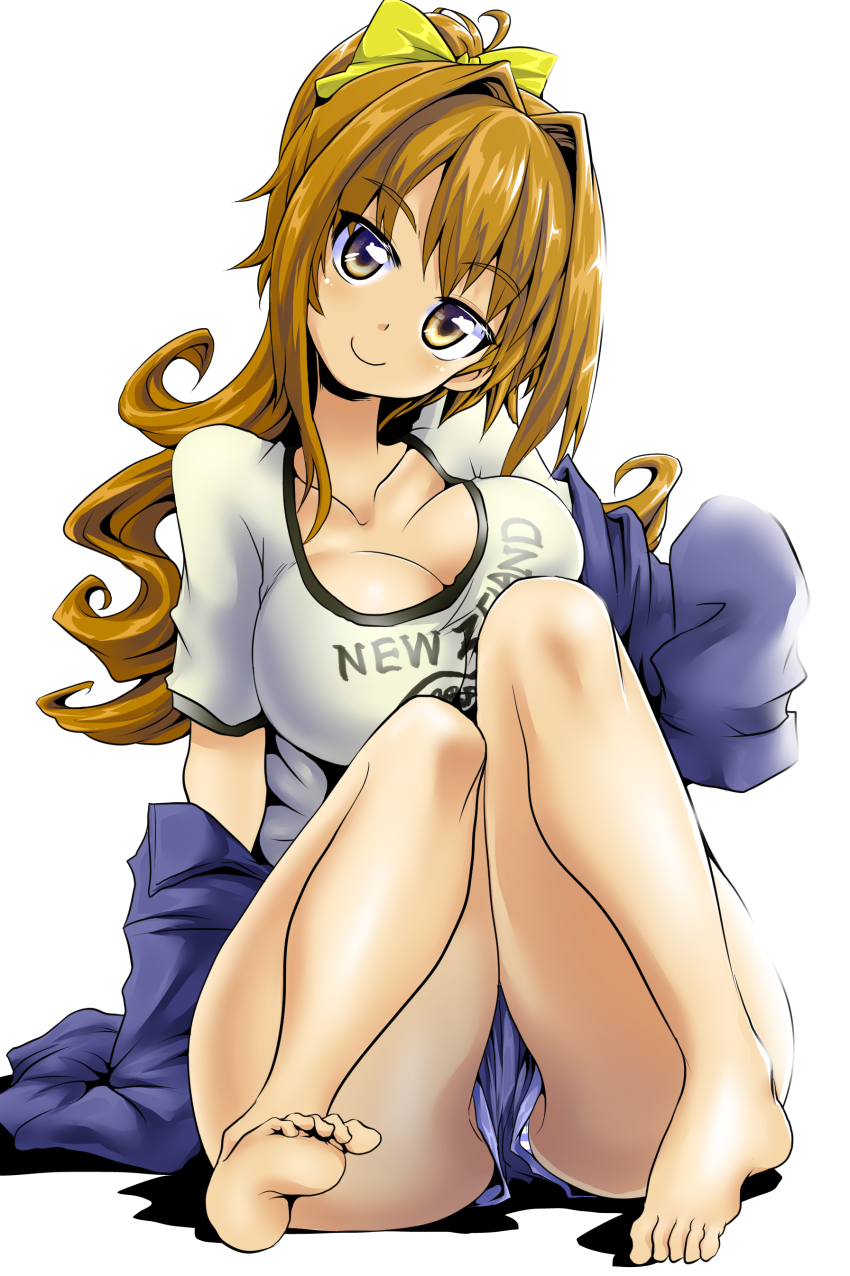 10s, 1girl, absurdres, barefoot, bow, breasts, brown_eyes, brown_hair, cleavage, feet, female_focus, highres, hino_akane_(idolmaster), idolmaster, idolmaster_cinderella_girls, jacket, large_breasts, legs, new_zealand, pamunosu, panties, shirt, solo, striped_clothes, striped_panties, t-shirt, underwear, white_background, yellow_bow, yellow_eyes