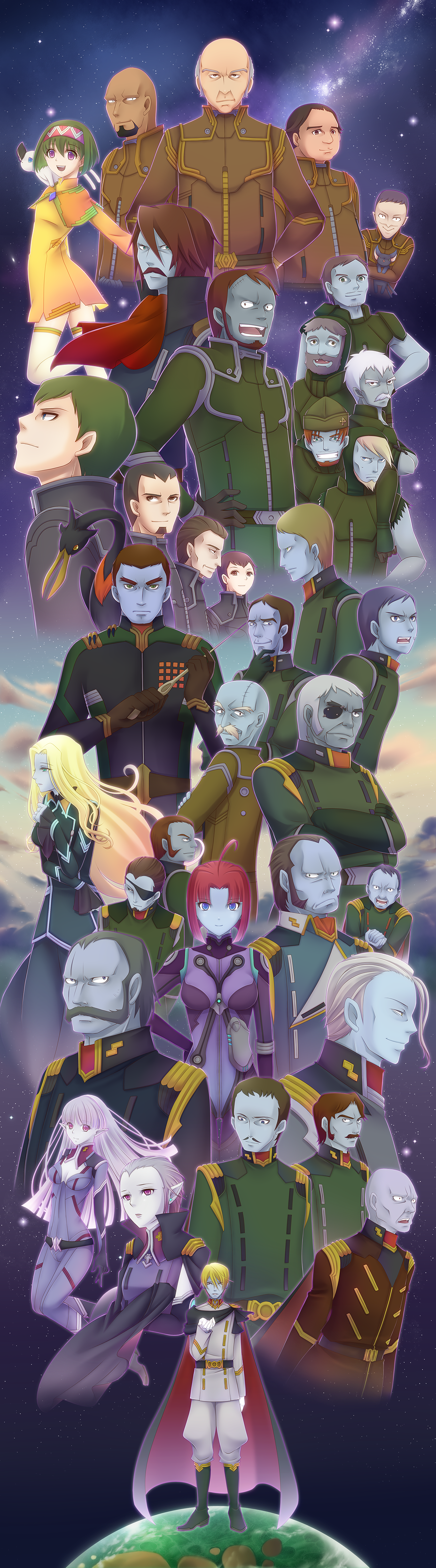 10s, 6+boys, 6+girls, absurdres, bald, beard, bem_haidern, bird, blonde_hair, blue_eyes, blue_skin, boots, brown_hair, cape, character_request, charis_kraitz, colored_skin, desler, elisa_domel, elk_domel, everyone, facial_hair, fomto_berger, frown, ganz, gerd_berger, ghader_talan, gol_heini, green_eyes, green_hair, gremto_goer, grey_skin, gul_deitz, hand_on_own_hip, hayabusa_koi, herm_zoellik, heydom_gimleh, highres, hilde_schultz, hjort_mezze, jarletora, jarun_bern, jirel, lance_larkin, long_hair, looking_at_viewer, melda_deitz, miezela_celestella, military, military_uniform, mirenel_linke, multiple_boys, multiple_girls, mustache, nolan_oshette, ortho_dolmen, pointy_ears, purple_eyes, purple_hair, red_hair, redof_hyss, rokrhok_bird, rous_keel, ryle_ghetto, saleluya_larleta, scar, scarf, short_hair, shultz, smile, space, uchuu_senkan_yamato, uchuu_senkan_yamato_2199, vance_bahrain, vance_bohen, velte_talan, white_hair, wolf_flaken, yohen_geist