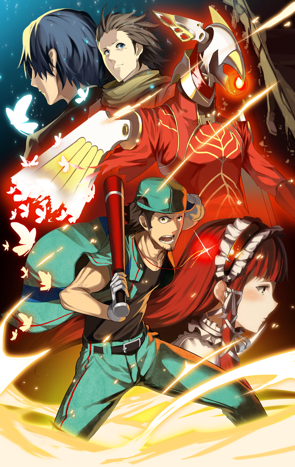 1girl, 3boys, adjusting_clothes, adjusting_headwear, bad_id, bad_pixiv_id, baseball_bat, baseball_cap, black_hair, blue_eyes, blue_hair, brown_hair, facial_hair, gloves, hat, highres, iori_junpei, kagari_(garikagura), mochizuki_ryouji, multiple_boys, persona, persona_3, persona_4:_the_ultimate_in_mayonaka_arena, red_hair, stubble, trismegistus, yoshino_chidori, yuuki_makoto_(persona_3)