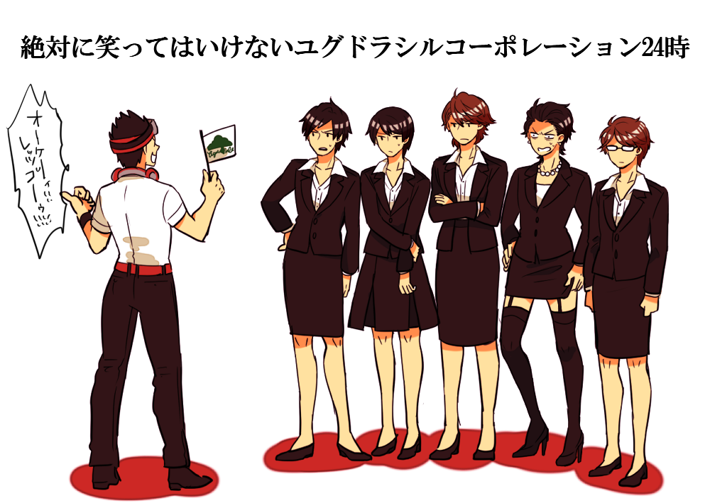 6+boys, belt, black_hair, brown_hair, crossdressing, crossdressing_(mtf), crossed_arms, dj_sagara