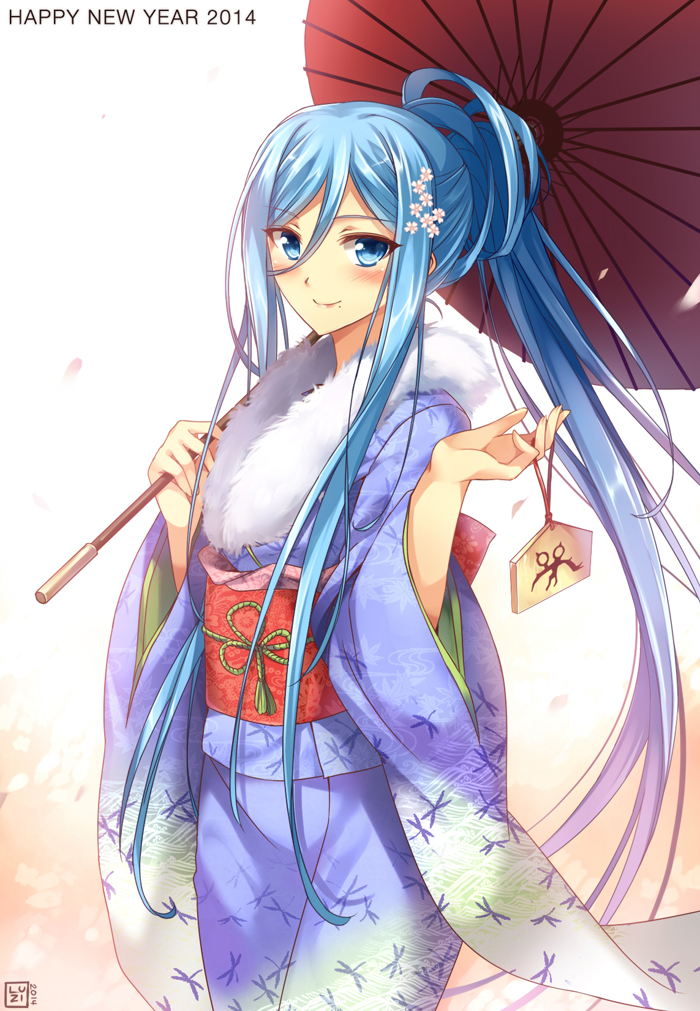 10s, 1girl, 2014, alternate_costume, aoki_hagane_no_arpeggio, blue_eyes, blue_hair, ema, female_focus, flower, hair_flower, hair_ornament, japanese_clothes, kimono, long_hair, luzi, matching_hair/eyes, mole, mole_under_mouth, oil-paper_umbrella, personification, ponytail, shounen_gahousha, smile, solo, takao_(aoki_hagane_no_arpeggio), umbrella