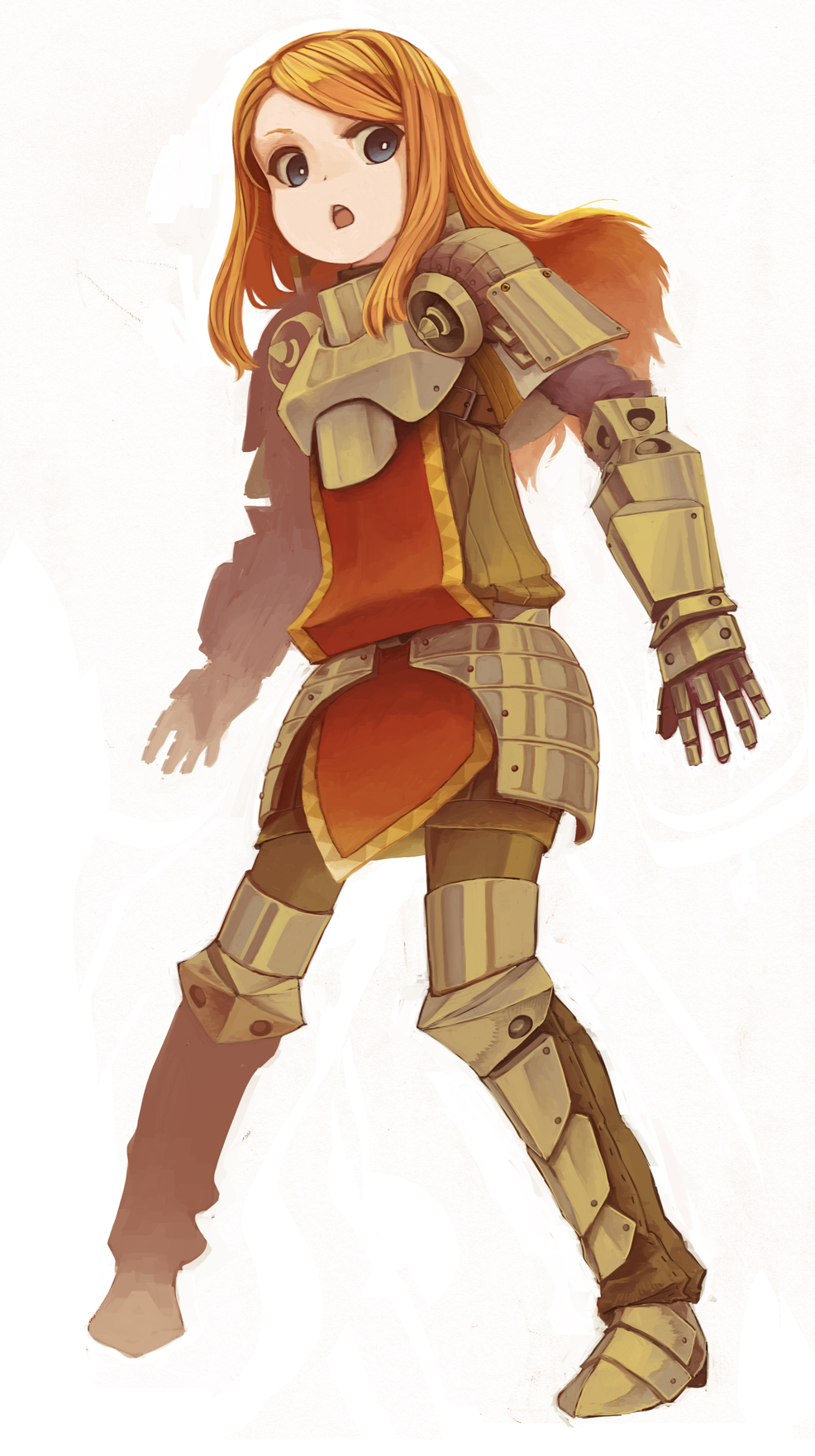 1girl, armor, atlus, bad_id, bad_pixiv_id, blonde_hair, blue_eyes, breastplate, etrian_odyssey, female_focus, flower_wreath, gauntlets, gloves, highres, leg_armor, letterboxed, looking_down, night, open_mouth, paladin_(sekaiju), paladin_2_(sekaiju), pauldrons, pepeko, short_hair, shoulder_armor, simple_background, smile, solo, star_(sky), tokoroten_(hmmuk), touhou