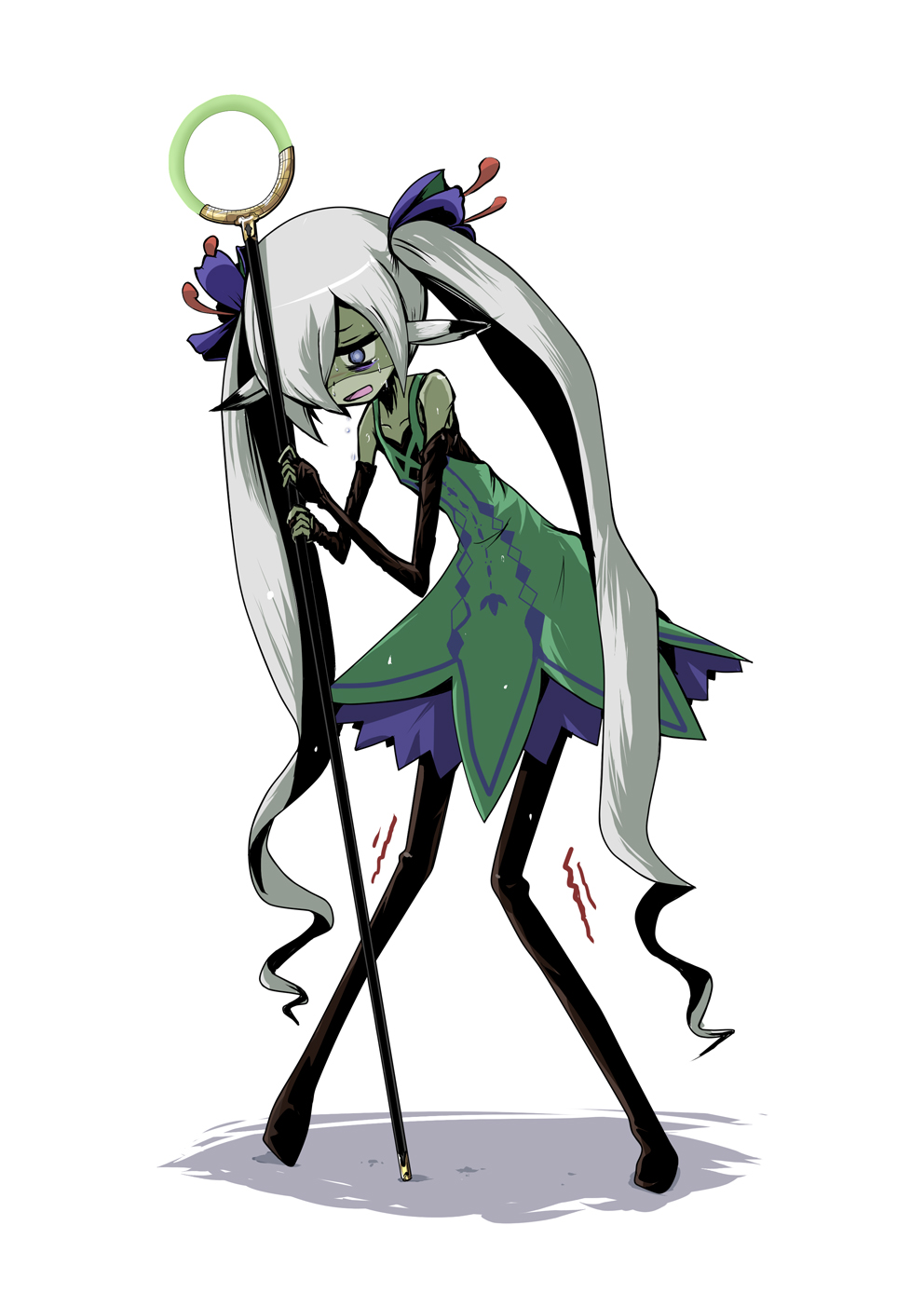 1girl, animal_ears, atlus, bare_shoulders, boots, collarbone, dress, elbow_gloves, etrian_odyssey, exhausted, female_focus, fingerless_gloves, flower, gloves, grey_hair, hair_flower, hair_ornament, hair_over_one_eye, highres, hoku, long_hair, mystic_(sekaiju), mystic_2_(sekaiju), open_mouth, sekaiju_no_meikyuu, sekaiju_no_meikyuu_4, simple_background, skinny, solo, staff, sweat, thigh_boots, thighhighs, trembling, twintails