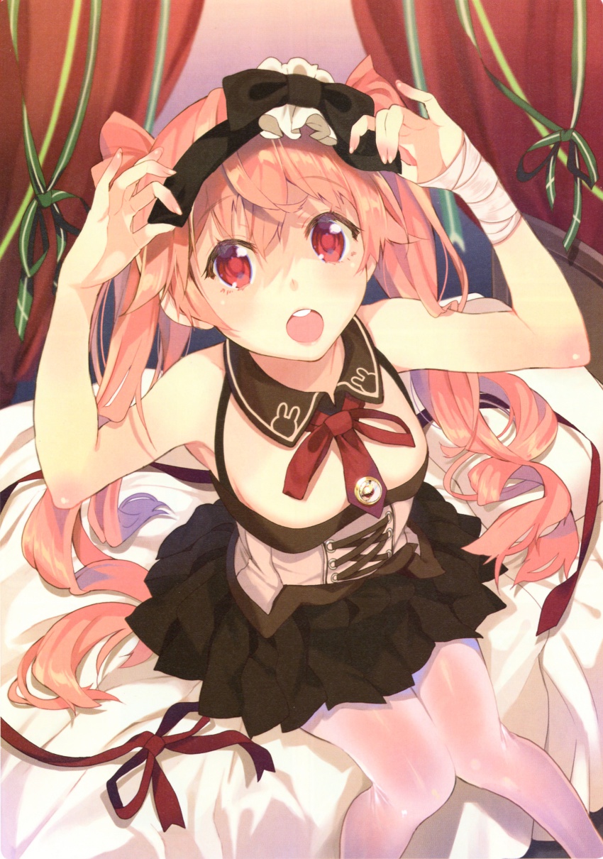 1girl, absurdres, artemis_(harunoibuki), bandages, bed, bow, breasts, corset, curtains, dengeki_moeoh, dress, female_focus, hair_bow, halterneck, harunoibuki, highres, knees_together_feet_apart, long_hair, necktie, open_mouth, original, pantyhose, pink_hair, red_eyes, scan, sitting, solo, twintails, white_pantyhose