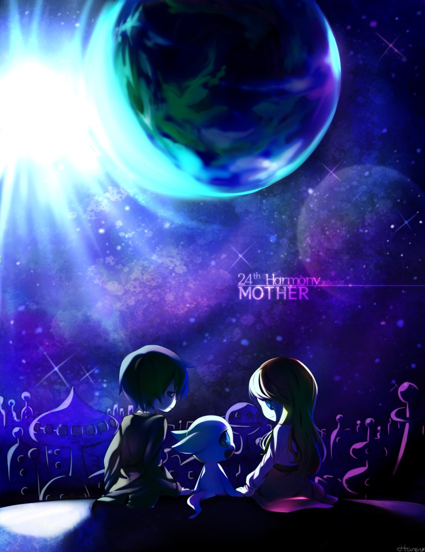 1boy, 1girl, aged_down, alien, anniversary, bad_id, bad_pixiv_id, black_hair