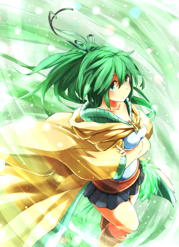 1girl, breasts, duel_monster, female_focus, green_eyes, green_hair, looking_at_viewer, matching_hair/eyes