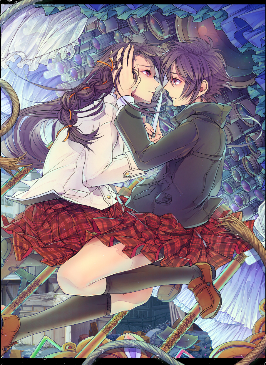 00s, 1girl, alternate_hairstyle, ayase_asuna, black_hair, black_socks, braid, camera, camera_lens, dual_persona, female_focus, hand_in_own_hair, highres, jacket, jumping, knife, long_hair, nai_kitsu, plaid_clothes, plaid_skirt, pleated_skirt, red_eyes, school_uniform, shigofumi, short_hair, single_braid, skirt, socks, solo, weapon