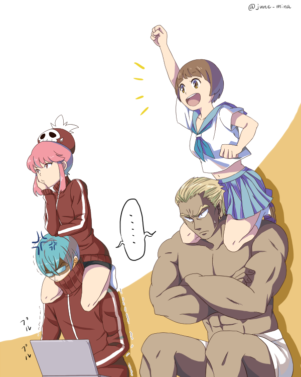 10s, 2boys, 2girls, anger_vein, angry, bad_id, bad_pixiv_id, blonde_hair, blue_hair, blue_skirt, brown_eyes, brown_hair, carrying, computer, crossed_arms, gamagoori_ira, glasses, hat, inumuta_houka, jacket, jakuzure_nonon, june_(artist), june_mina, kill_la_kill, laptop, mankanshoku_mako, multiple_boys, multiple_girls, pink_eyes, pink_hair, school_uniform, shoulder_carry, sidelocks, skirt, track_jacket, track_suit