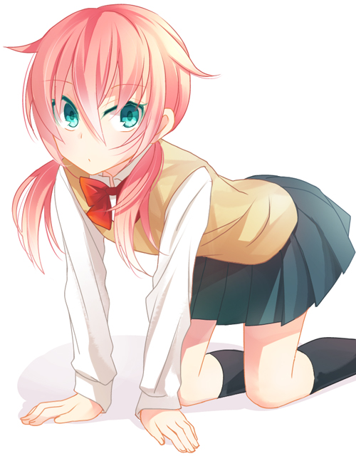 1boy, all_fours, bad_id, bad_pixiv_id, black_socks, blue_eyes, bow, crossdressing, crossdressing_(mtf), green_skirt, inazuma_eleven_(series), inazuma_eleven_go, kirino_ranmaru, kneehighs, long_hair, looking_at_viewer, male_focus, pink_hair, pleated_skirt, ritsu_(iqpi), school_uniform, shirt, simple_background, skirt, socks, solo, trap, twintails, white_background, white_shirt